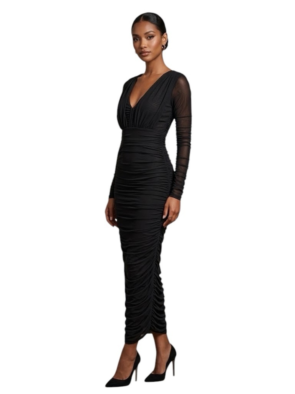 House of CB Black Long-Sleeve Ruched V-Neck Midi Dress